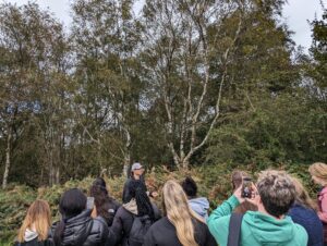 A large University group doing a foraging session as part of a week-long educational session for their course.